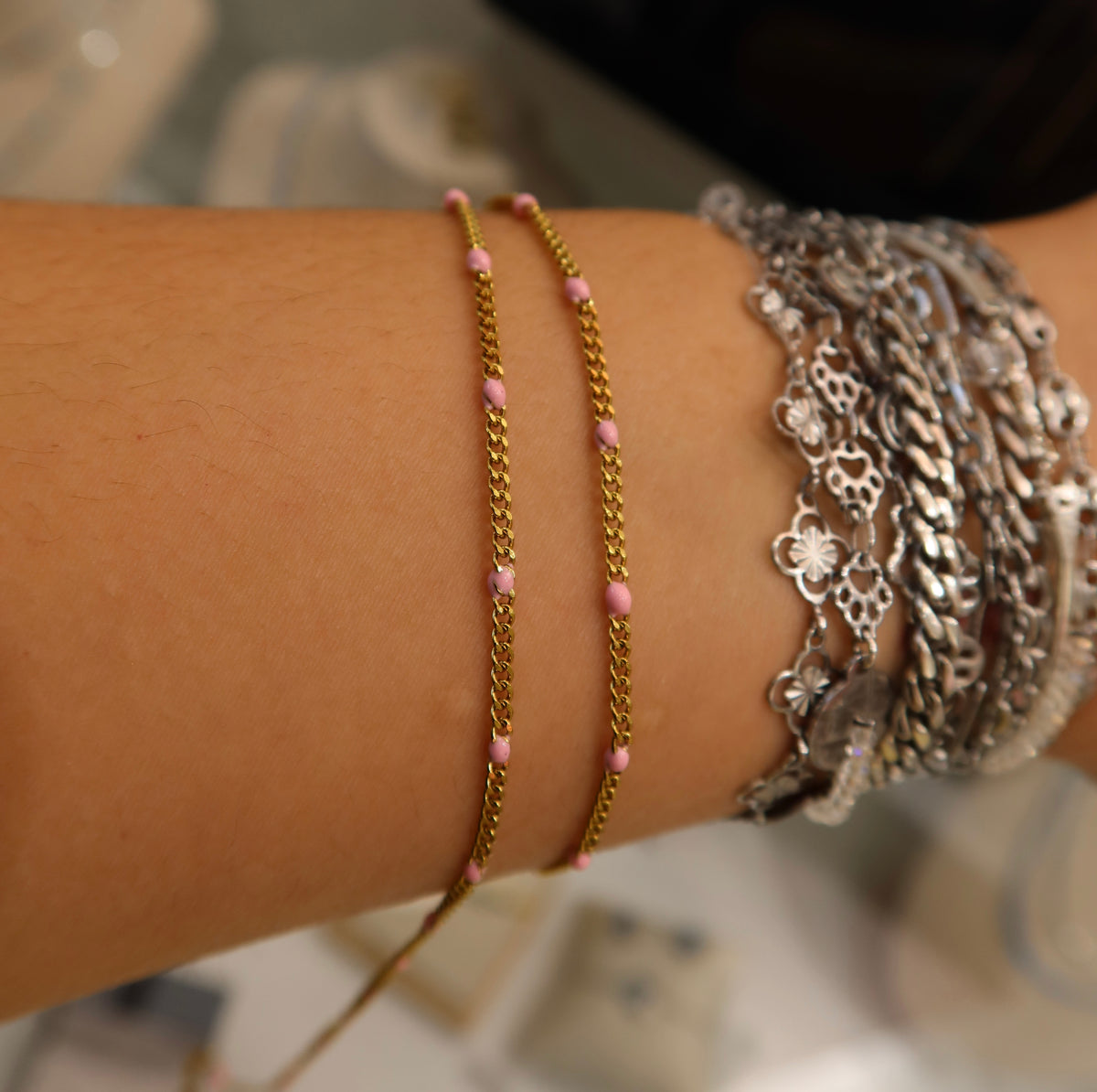 Pink Enamel 18K PVD Gold Stainless Steel Curb Chain