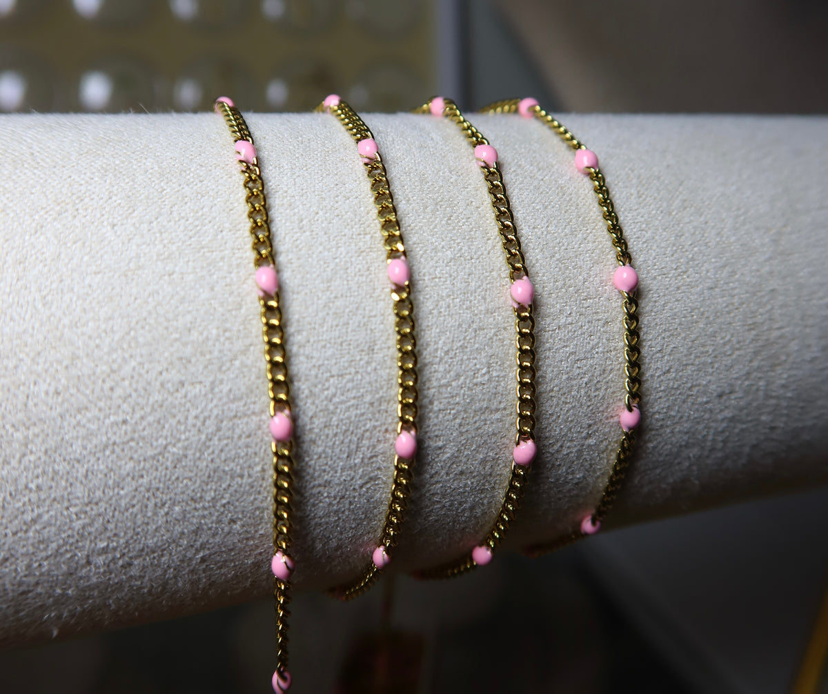 Pink Enamel 18K PVD Gold Stainless Steel Curb Chain