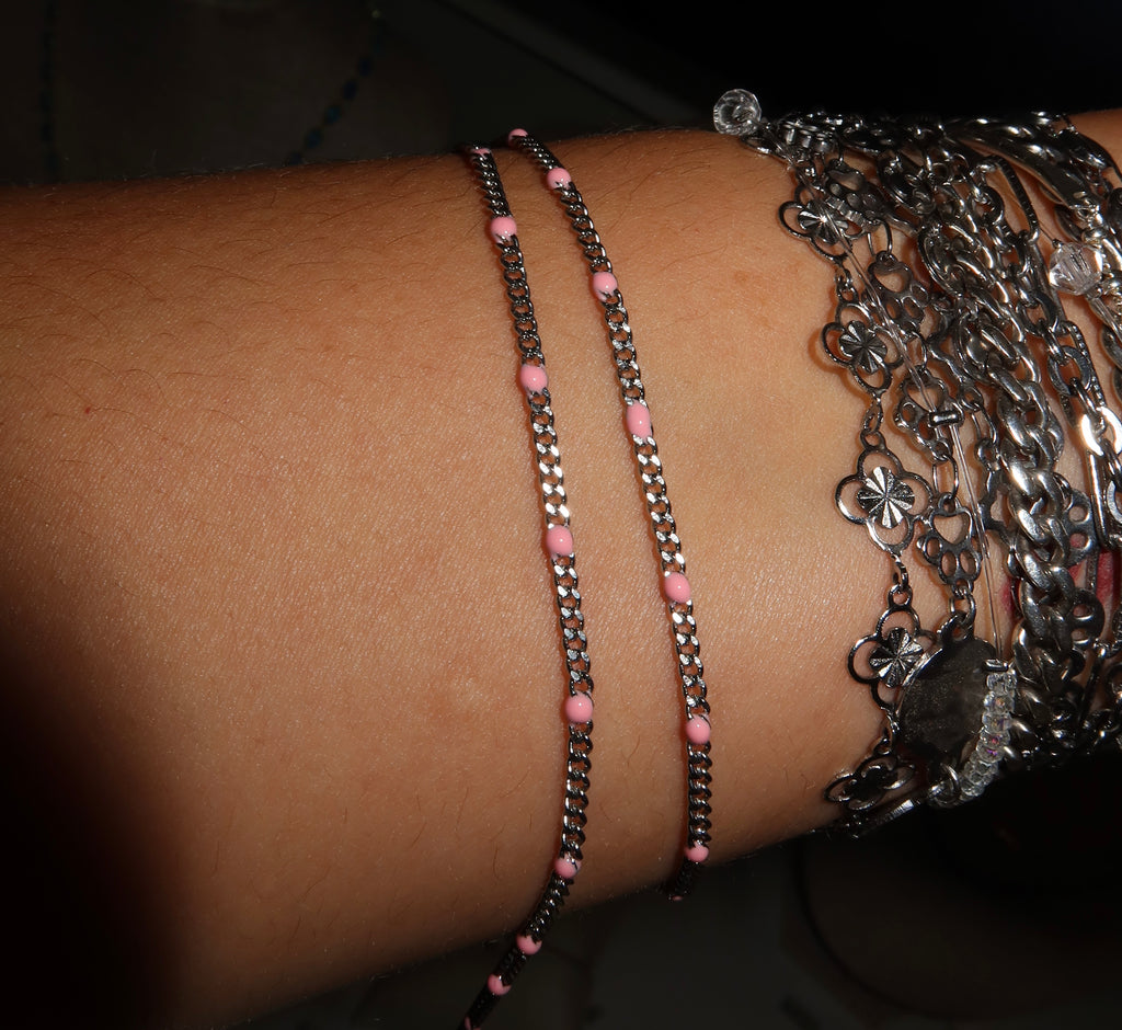 Pink Enamel Silver 304 Stainless Steel Curb Chain