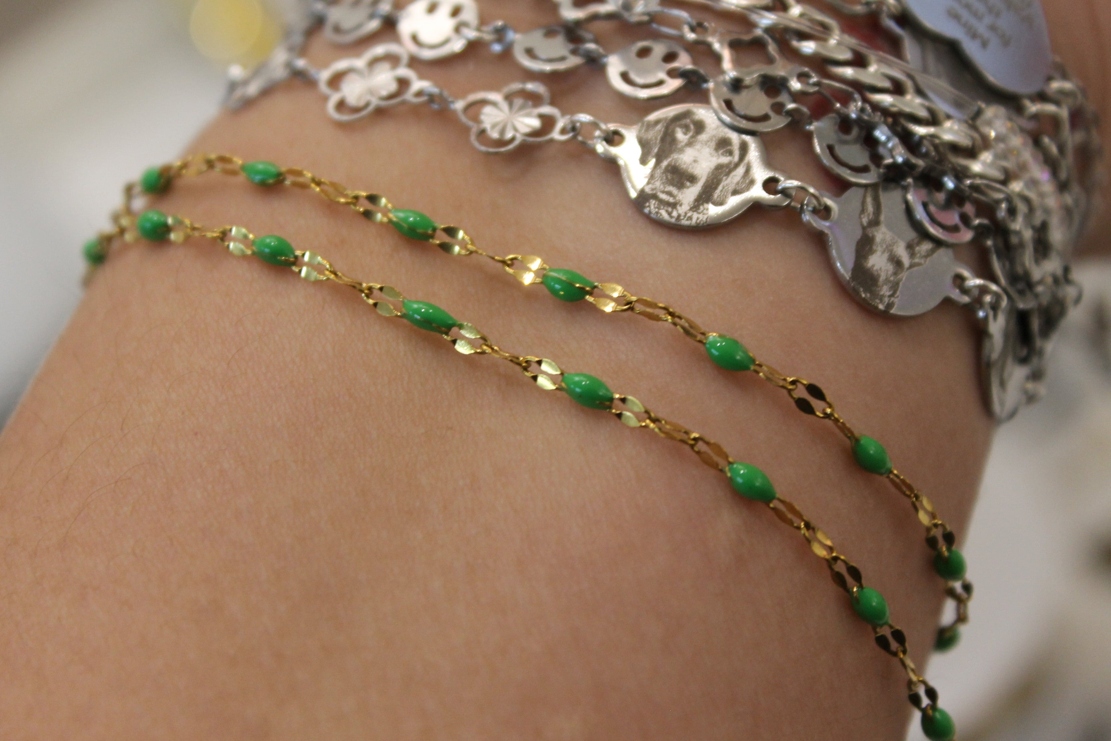 Green Enamel PVD Stainless Steel Chain in Gold