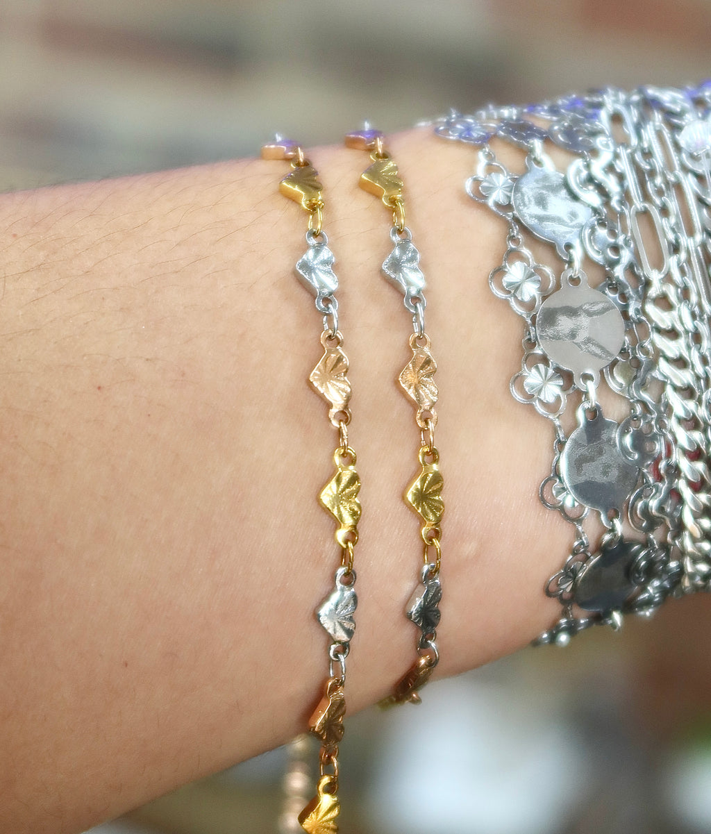 18K PVD Tri Color Textured Heart Chain