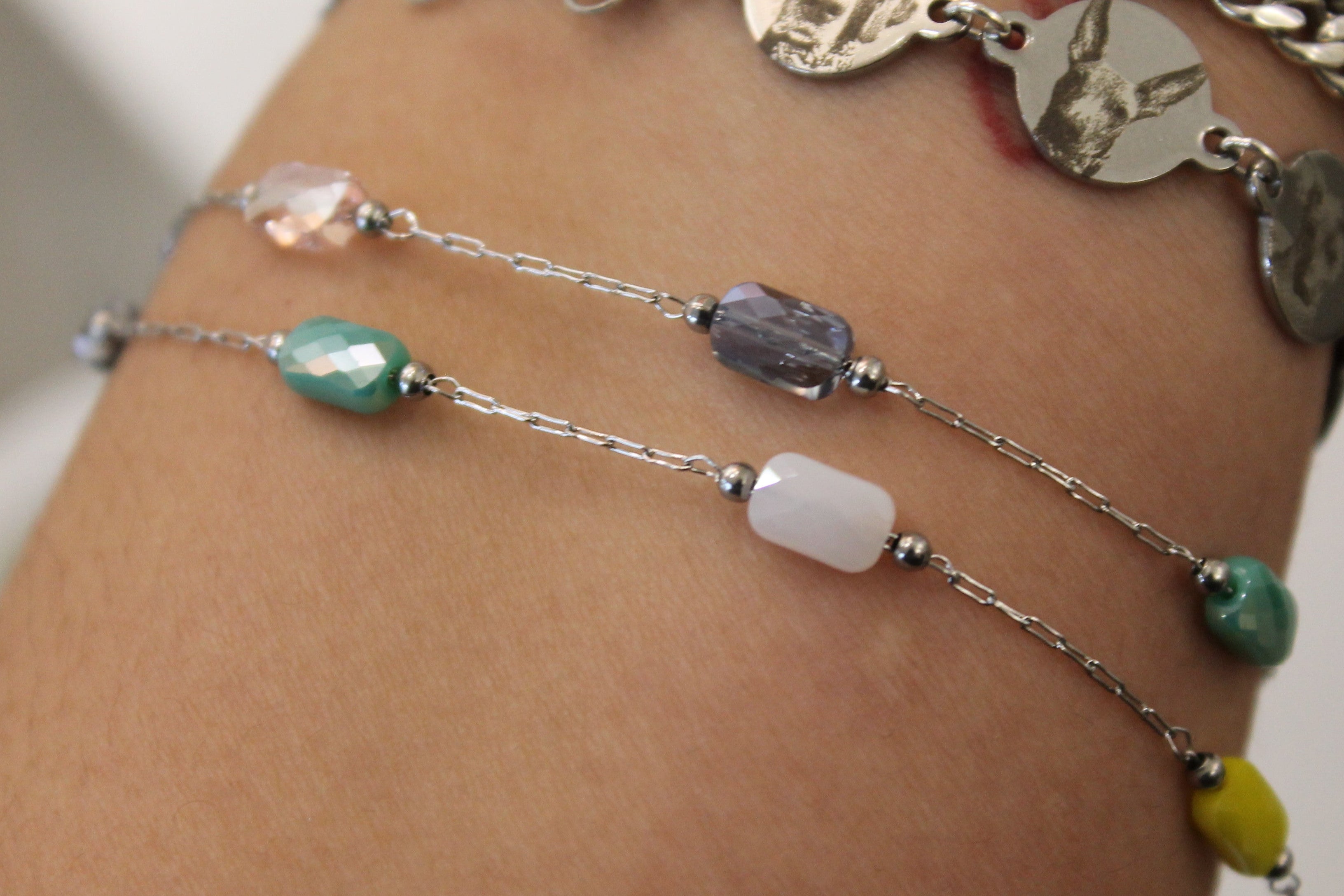 Multicolor Gem PVD Stainless Steel Chain in Silver