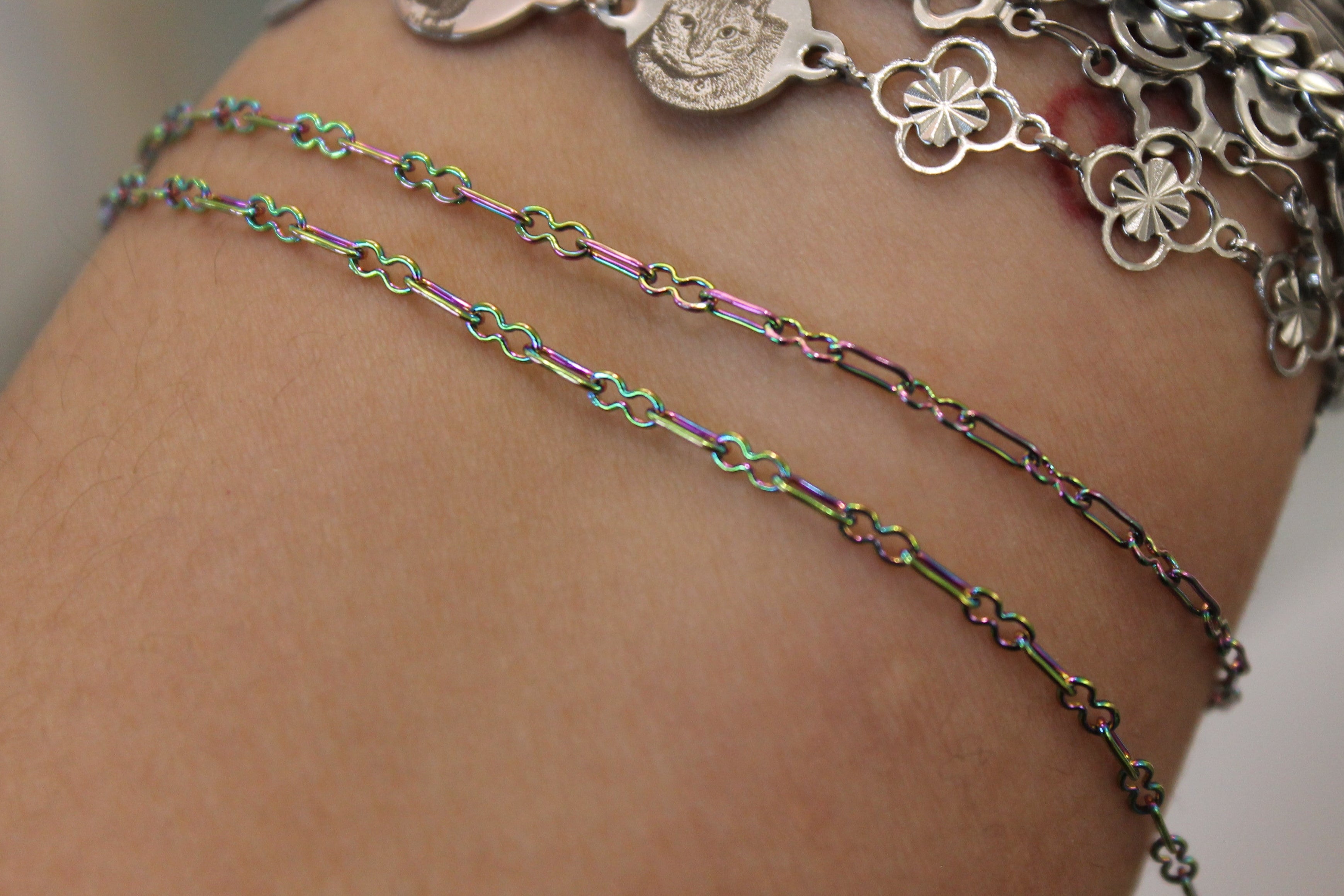 Rainbow Iridescent PVD Stainless Steel Paperclip and Infinty Chain