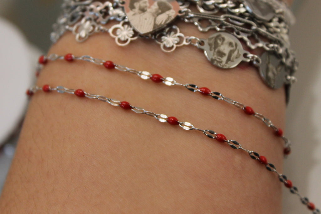 Red Enamel Silver PVD Stainless Steel Chain